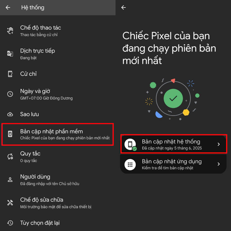 Trong giao diện Hệ thống, nhấn vào Bản cập nhật phần mềm (Software Update).