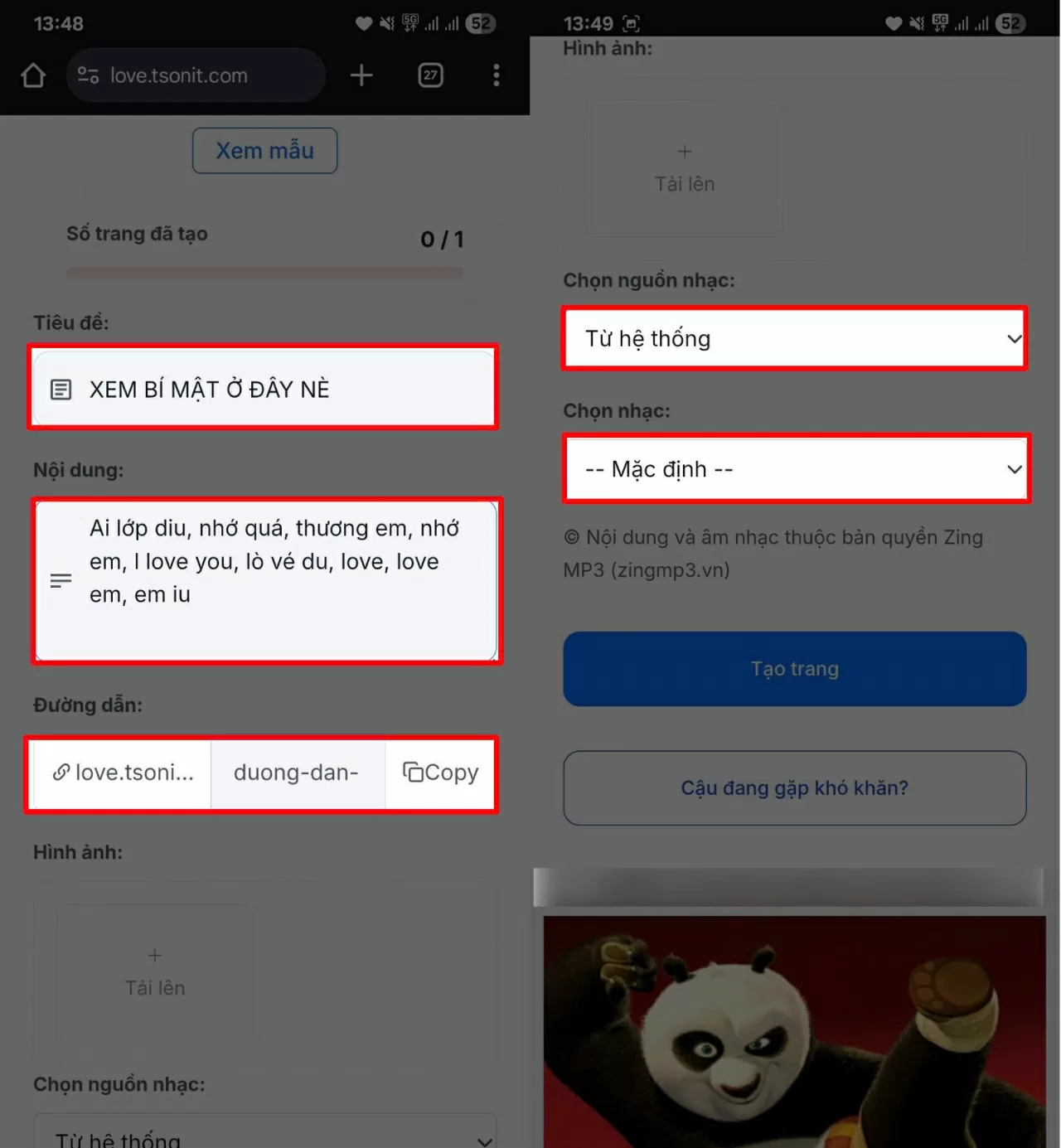 Nhập tiêu đề, nội dung lời nhắn và đường dẫn URL.