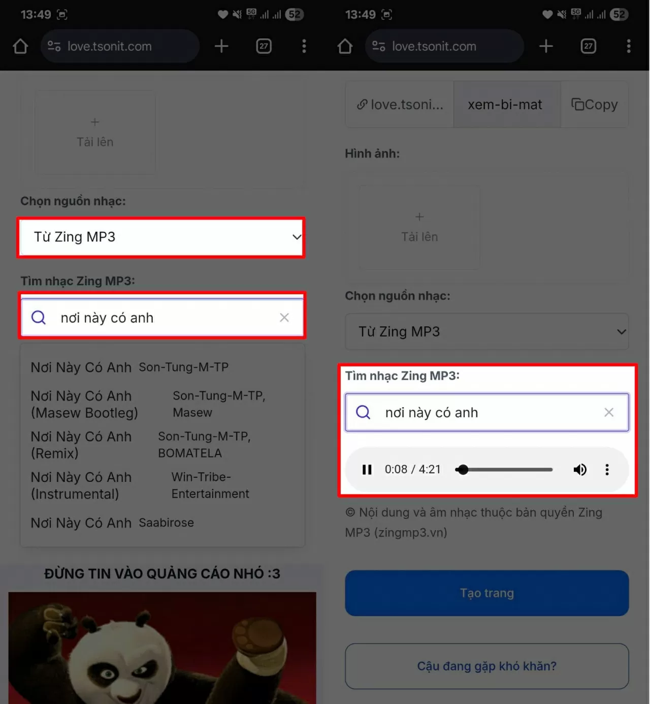 Lựa chọn nhạc nền cho phần hiệu ứng.