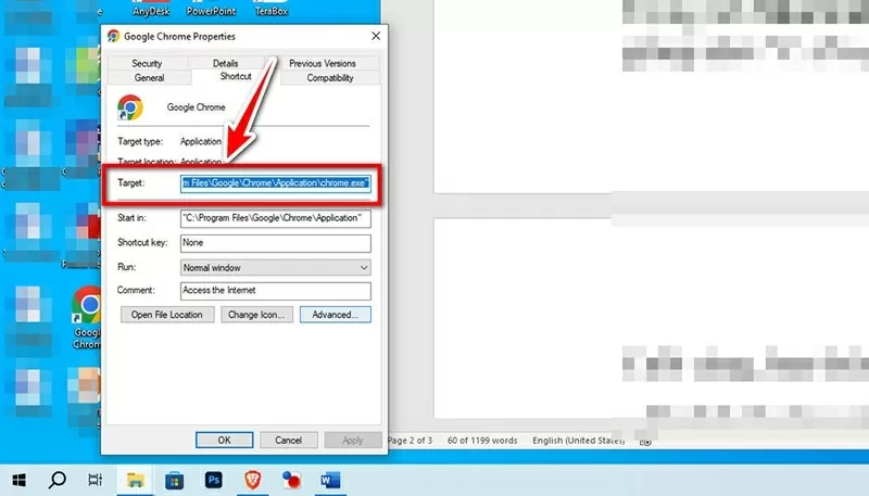 Trong thẻ Shortcut, bạn nhìn vào trường Target, thường sẽ có dạng.