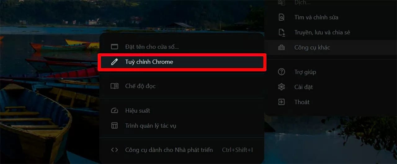 Tiếp tục chọn Tùy chỉnh Chrome để truy cập các tùy chọn hiển thị tiện ích.