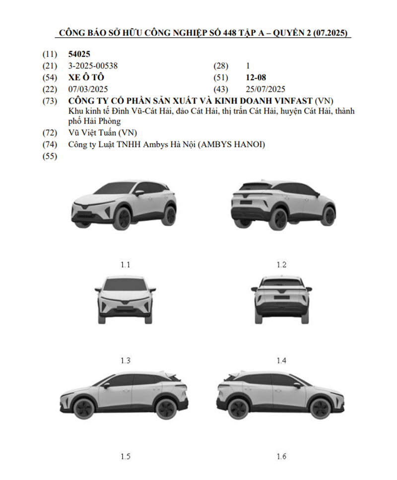 Mẫu SUV điện mới được VinFast đăng ký bản quyền kiểu dáng tại Việt Nam