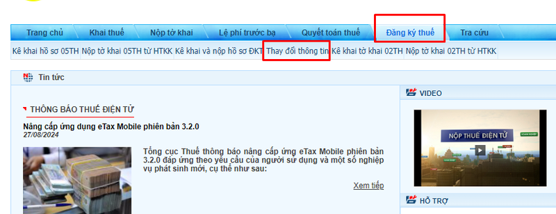 Chọn “Đăng ký thuế” → “Thay đổi thông tin”.