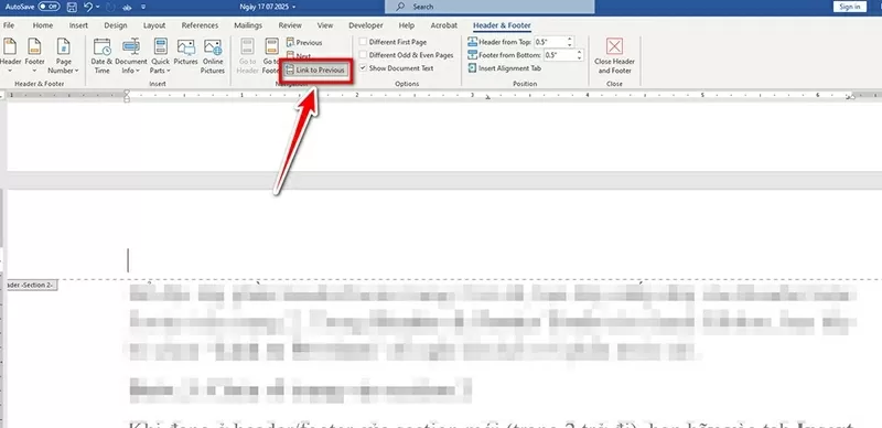 Ngắt liên kết Header/Footer giữa hai phần