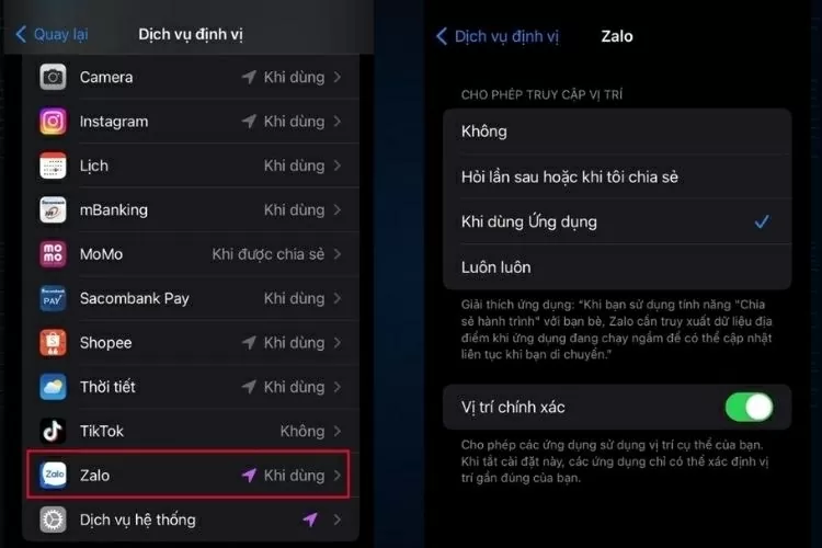 Kéo danh sách xuống và tìm Zalo. Kéo danh sách xuống và tìm Zalo.