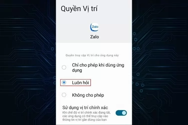 Tìm mục Vị trí (Location) và thay đổi quyền truy cập sang Luôn cho phép (Allow all the time). Tìm mục Vị trí (Location) và thay đổi quyền truy cập sang Luôn cho phép (Allow all the time).