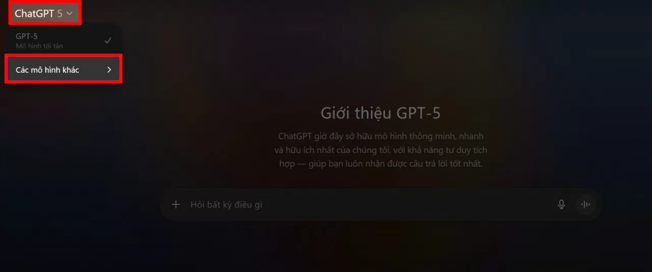 Nhấn vào tên GPT-5 ở góc trên bên trái