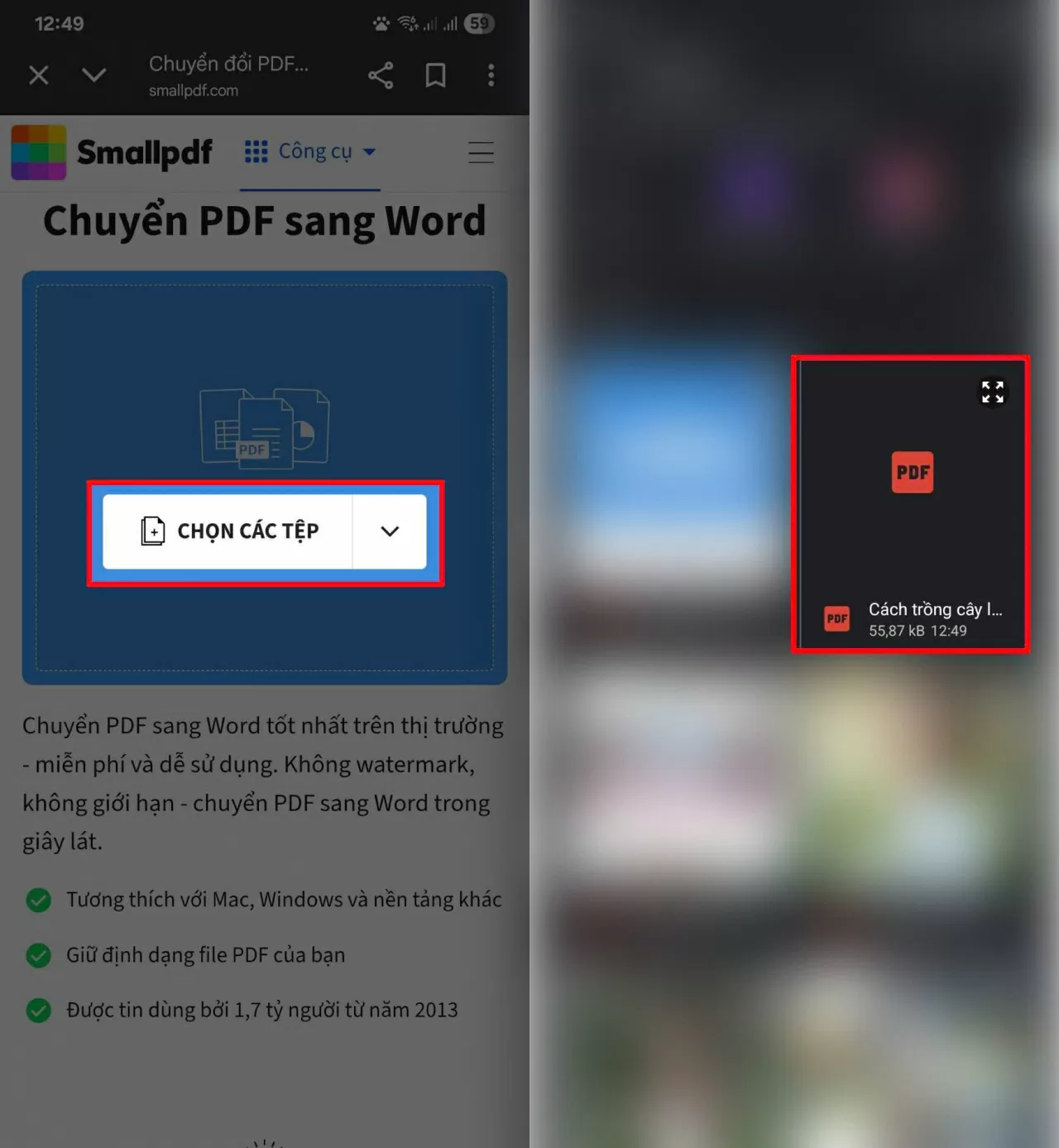 Tìm và chọn mục “Tải tệp lên” hoặc “Upload file”.
