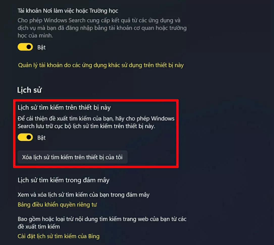 Cuộn xuống và tìm phần Xóa lịch sử tìm kiếm trên thiết bị nà