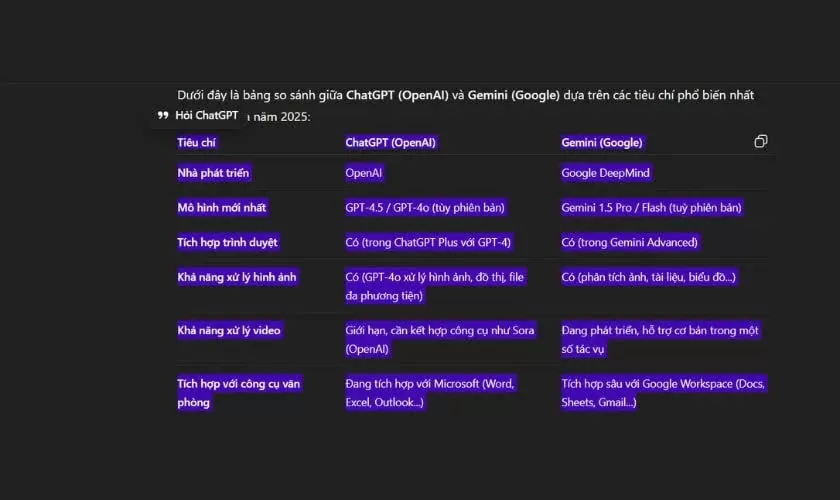 Chọn toàn bộ bảng trên ChatGPT Chọn toàn bộ bảng trên ChatGPT