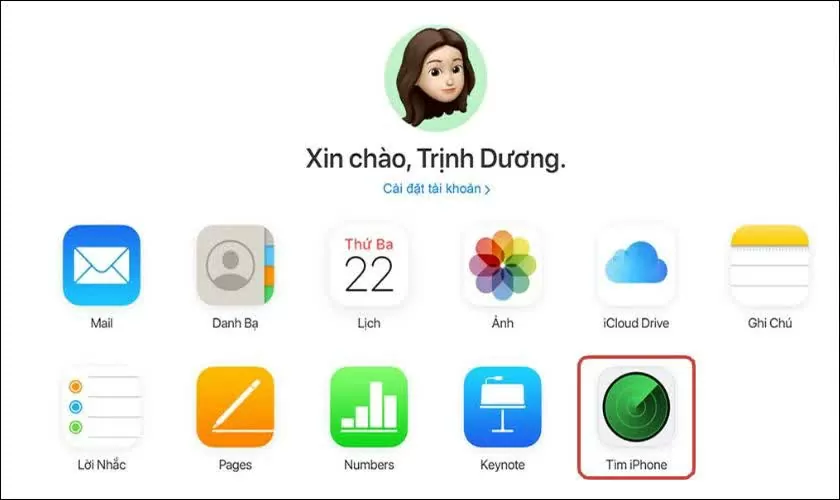 Chọn mục Find My iPhone (Tìm iPhone) trong giao diện. Chọn mục Find My iPhone (Tìm iPhone) trong giao diện.