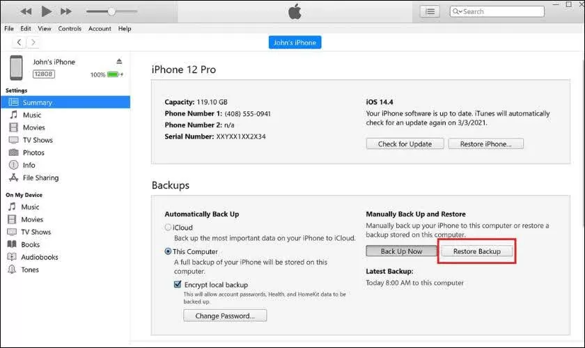 Chọn Restore Backup Chọn Restore Backup