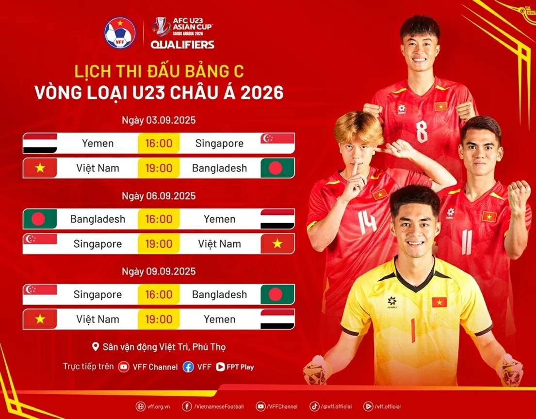 Lịch thi đấu của đội tuyển U23 Việt Nam tại vòng loại U23 châu Á 2026 Lịch thi đấu của đội tuyển U23 Việt Nam tại vòng loại U23 châu Á 2026