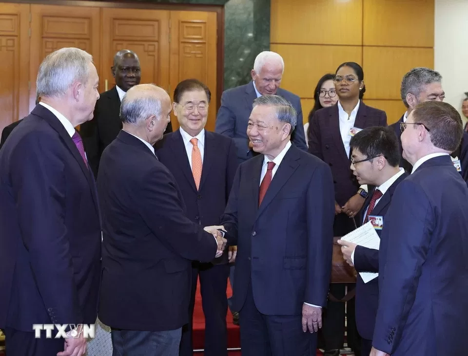 Tổng Bí thư Tô Lâm tiếp đoàn các lãnh đạo, đại diện lãnh đạo chính đảng nhiều nước từ các khu vực châu Á, châu Âu, châu Mỹ và châu Phi, ngày 1/9/2025. (Nguồn: TTXVN)