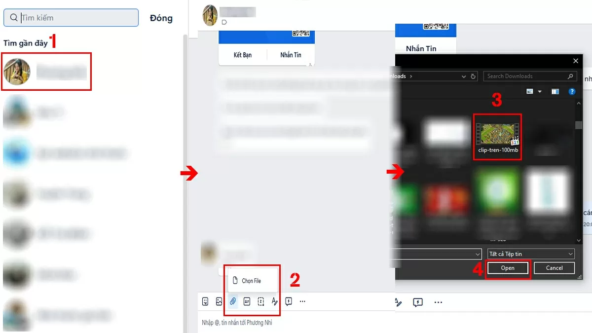 Chọn video. Vào khung chat với người nhận > bấm biểu tượng ghim > chọn Tệp. Chọn video. Vào khung chat với người nhận > bấm biểu tượng ghim > chọn Tệp.
