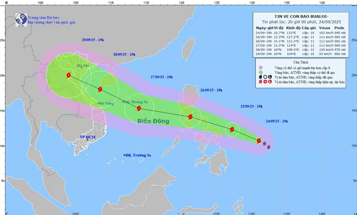 Dự báo diễn biến bão Bualoi: Gió gần tâm bão cấp 10, sẽ mạnh thêm khi di chuyển vào Biển Đông Dự báo diễn biến bão Bualoi: Gió gần tâm bão cấp 10, sẽ mạnh thêm khi di chuyển vào Biển Đông