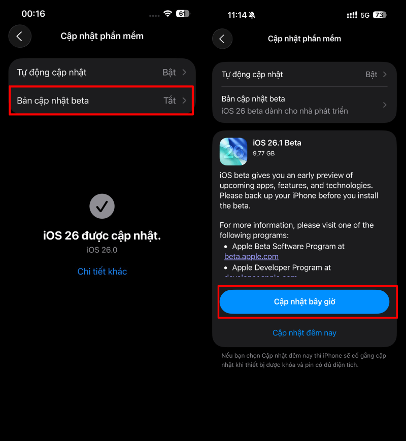 Trong phần Bản cập nhật Beta, chọn iOS 26.1 và tiến hành tải về. 