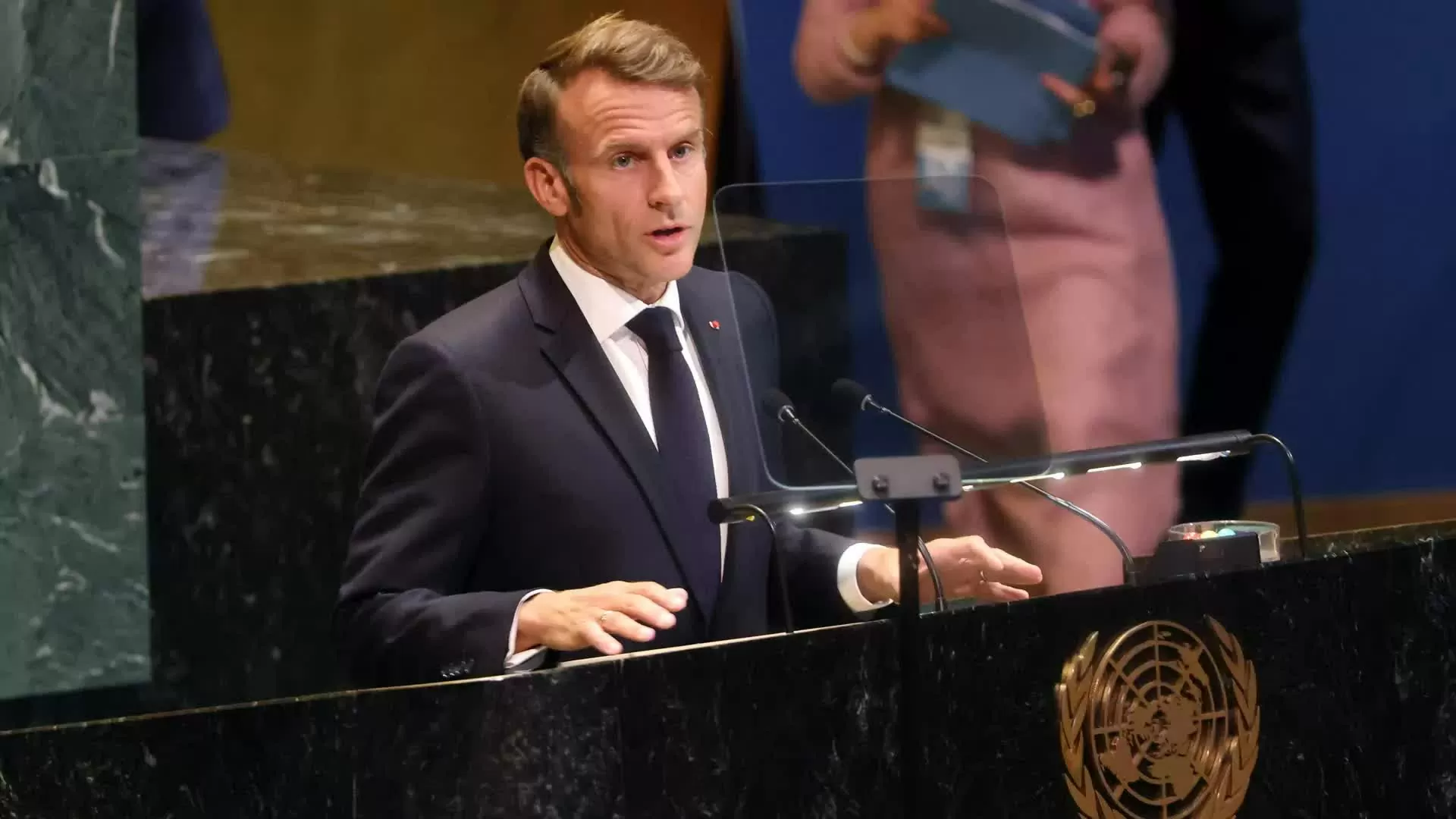 Tổng thống Pháp Emmanuel Macron phát biểu tại phiên họp của Đại hội đồng Liên hợp quốc ngày 22/9. (Nguồn: Getty Images)