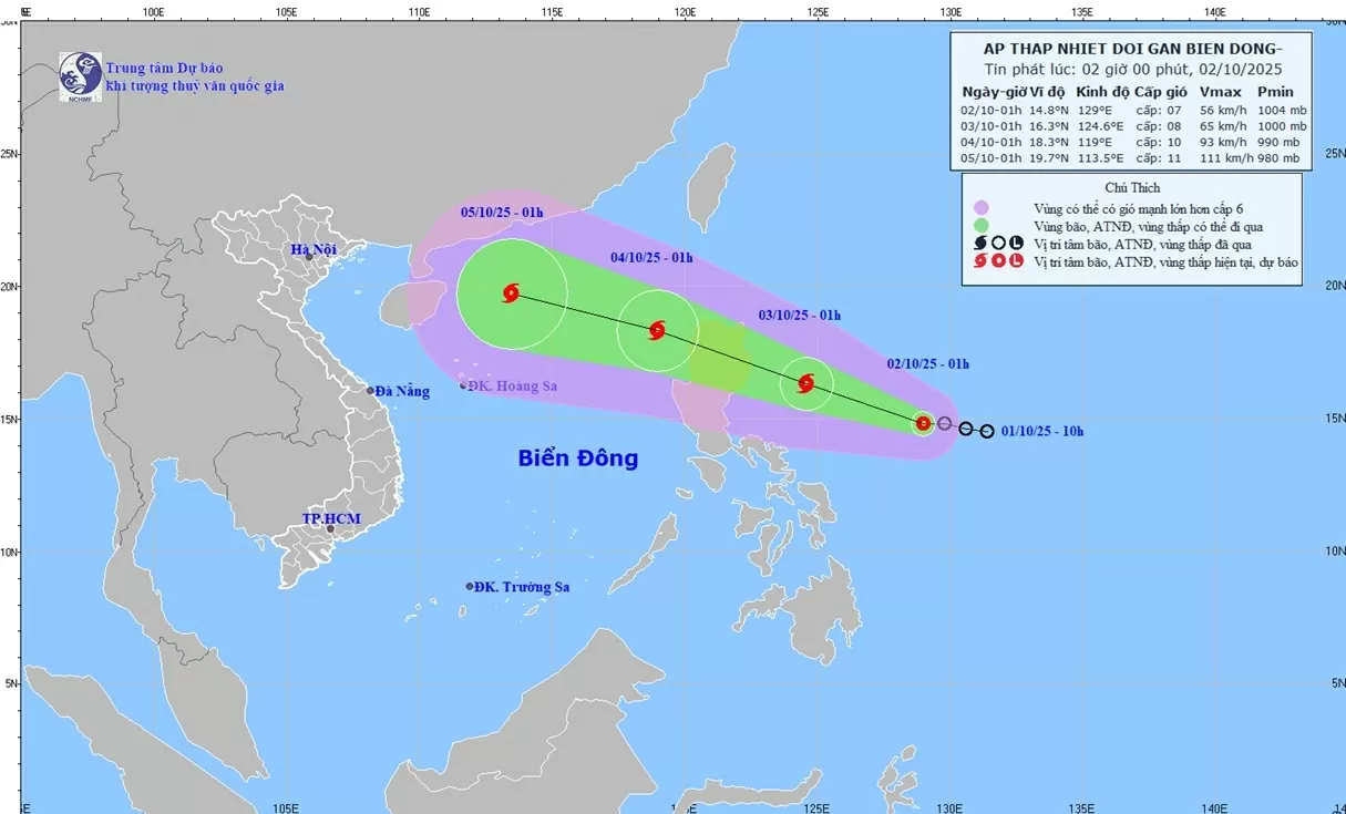 Áp thấp nhiệt đới sẽ thành bão, mạnh thêm khi đi vào Biển Đông, cường độ gió giật cấp 12, sóng cao 4-6m