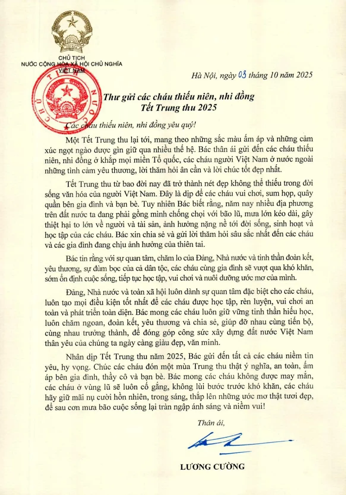 Thư chúc Tết Trung thu của Chủ tịch nước gửi các cháu thiếu niên, nhi đồng