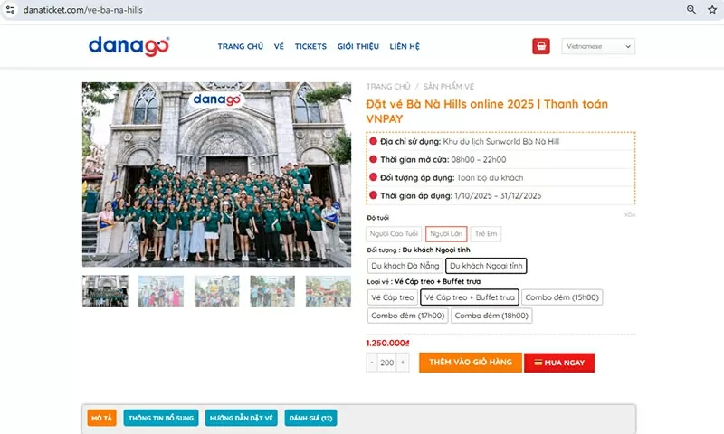 Người dùng dễ dàng chọn loại vé tham quan phù hợp ngay trên nền tảng Danaticket.com. Người dùng dễ dàng chọn loại vé tham quan phù hợp ngay trên nền tảng Danaticket.com.
