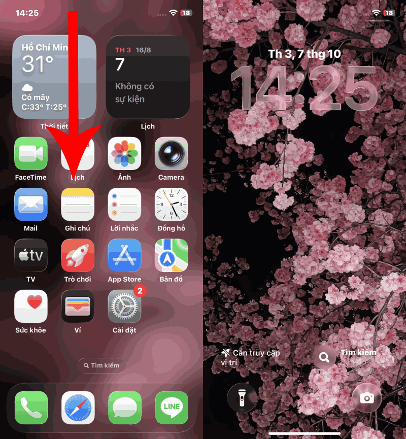 Trên màn hình chính, hãy vuốt từ mép trên xuống để mở giao diện màn hình khóa..