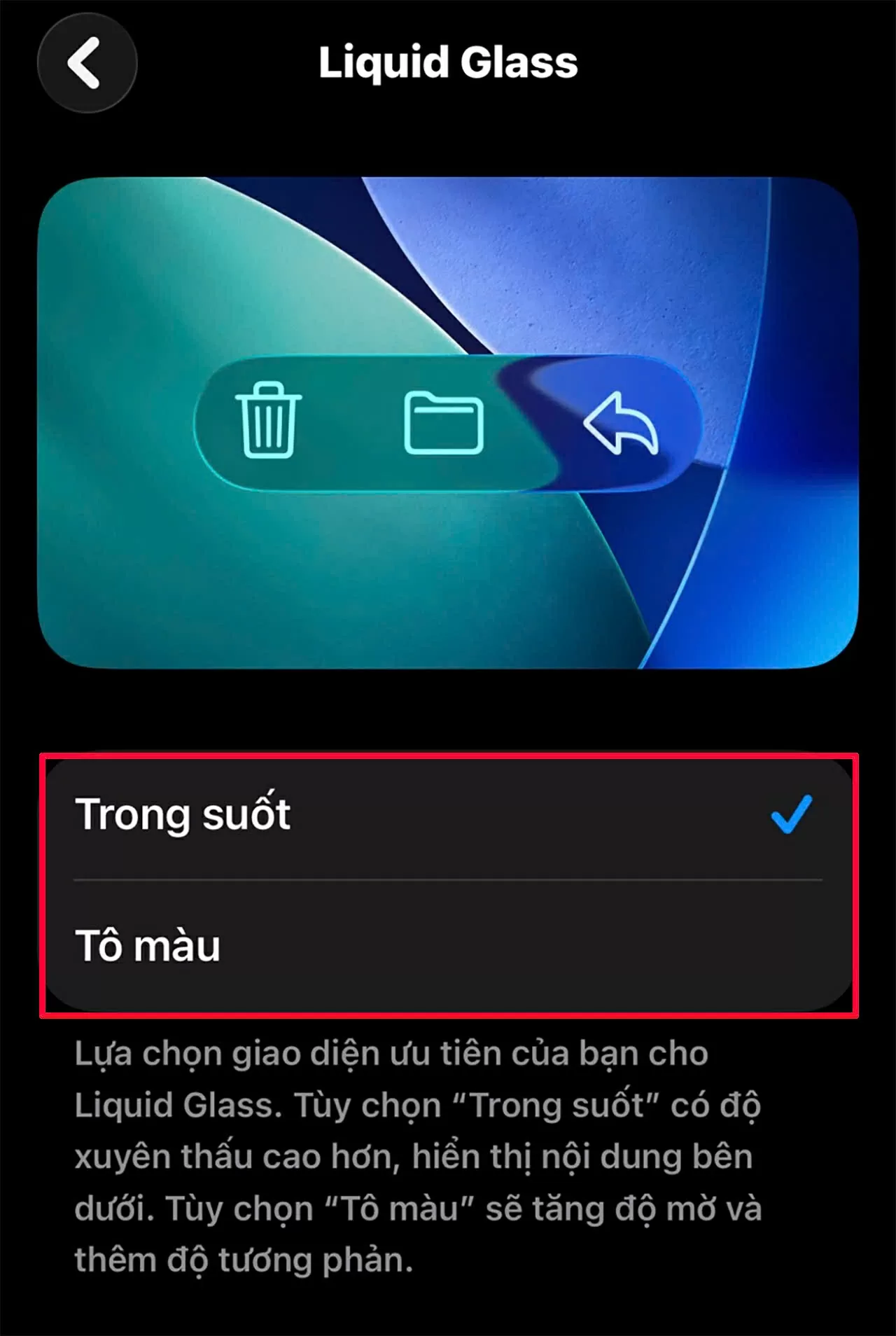 Tại đây, bạn có thể chọn giữa hai chế độ Trong suốt.