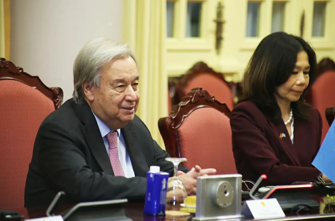 Tổng thư ký Liên hợp quốc António Guterres  phát biểu tại Hội đàm. (Ảnh : Thành Long)
