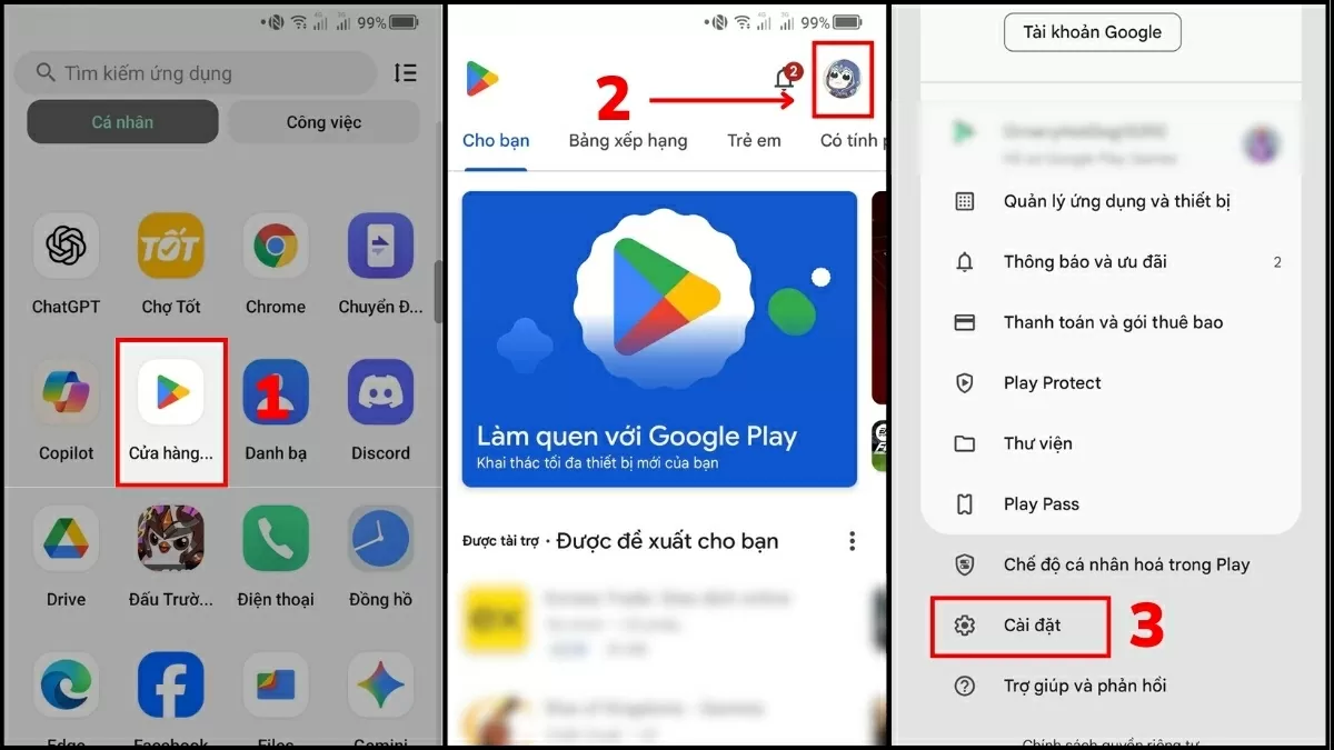 Trong menu hiển thị, chọn Cài đặt để truy cập phần thiết lập hệ thống.