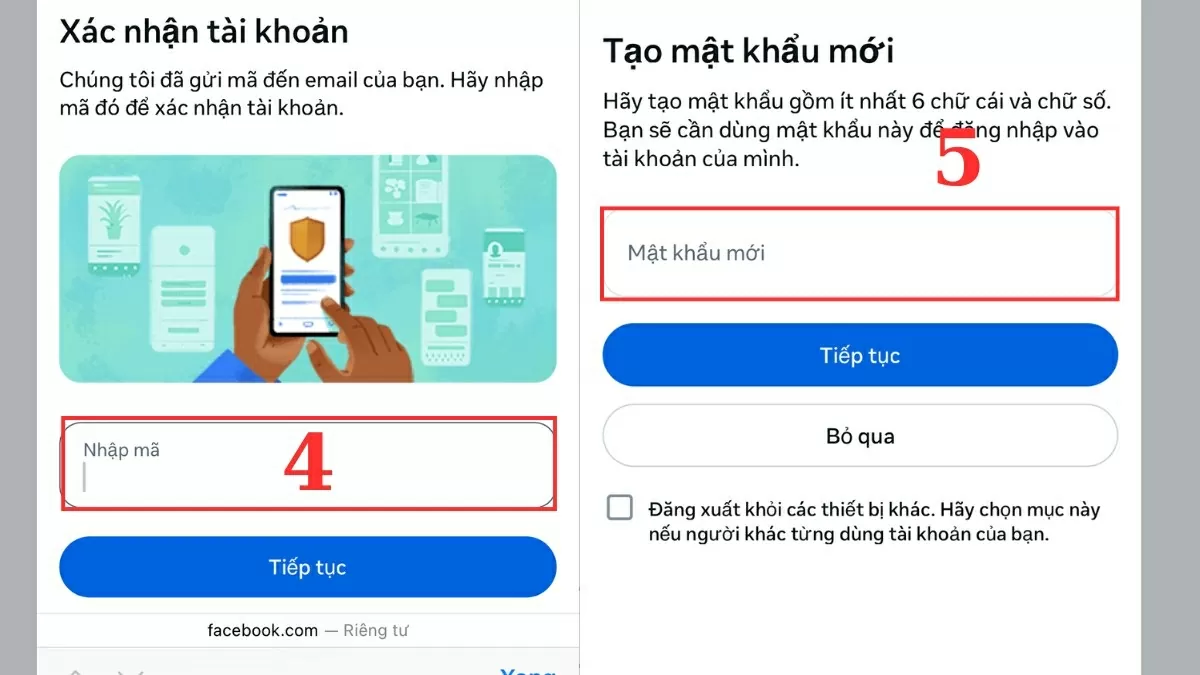 Nhập mã và đặt mật khẩu mới.