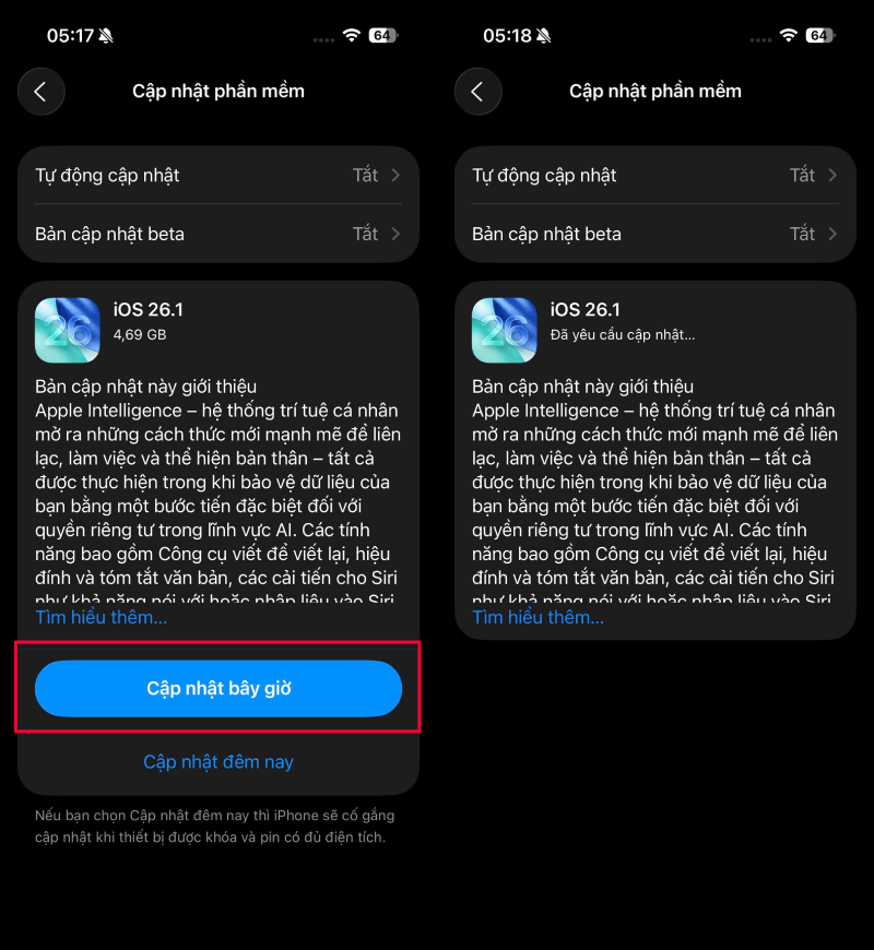 Trong giao diện Cập nhật phần mềm, chọn iOS 26.1 bản chính thức, sau đó nhấn Tải về và cài đặt.