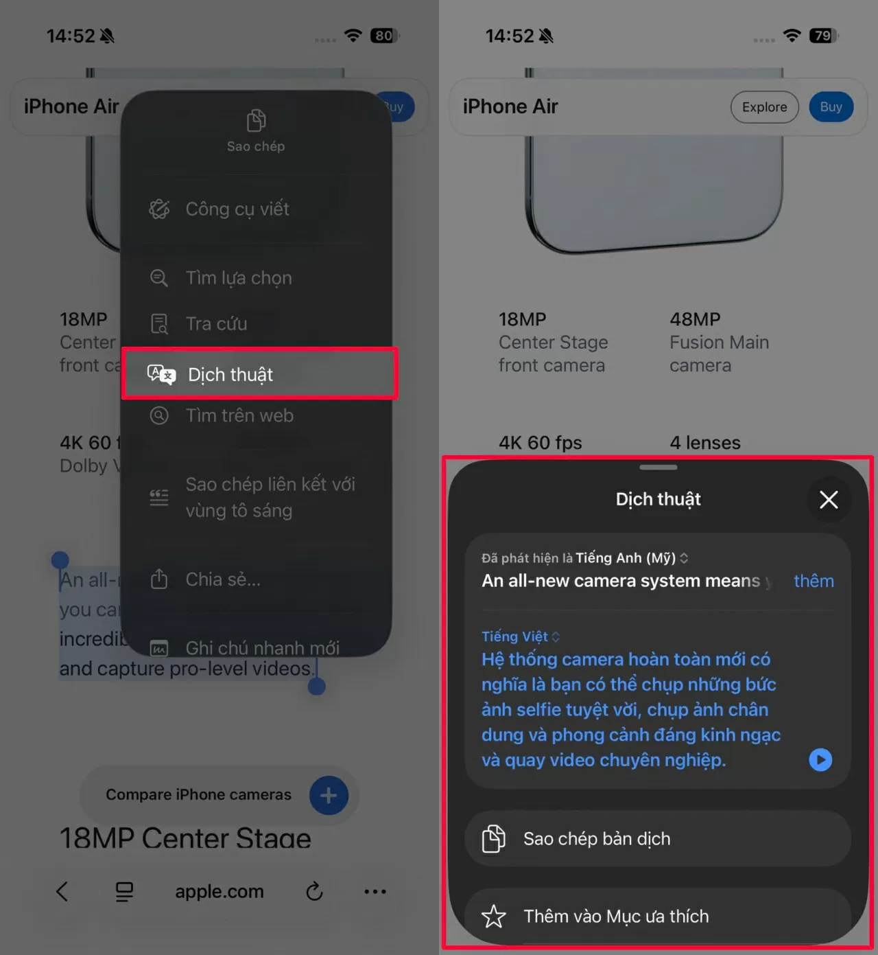 Khi chọn Dịch thuật, Apple Intelligence sẽ tự động dịch nội dung sang tiếng Việt chỉ trong vài giây.