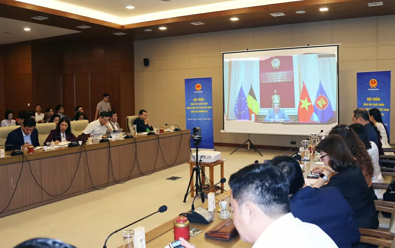 Đại sứ, Trưởng Phái đoàn Việt Nam tại Bỉ - EU Nguyễn Văn Thảo phát biểu trực tuyến tại Hội thảo. (Ảnh: Thành Long) Đại sứ, Trưởng Phái đoàn Việt Nam tại Bỉ - EU Nguyễn Văn Thảo phát biểu trực tuyến tại Hội thảo. (Ảnh: Thành Long)