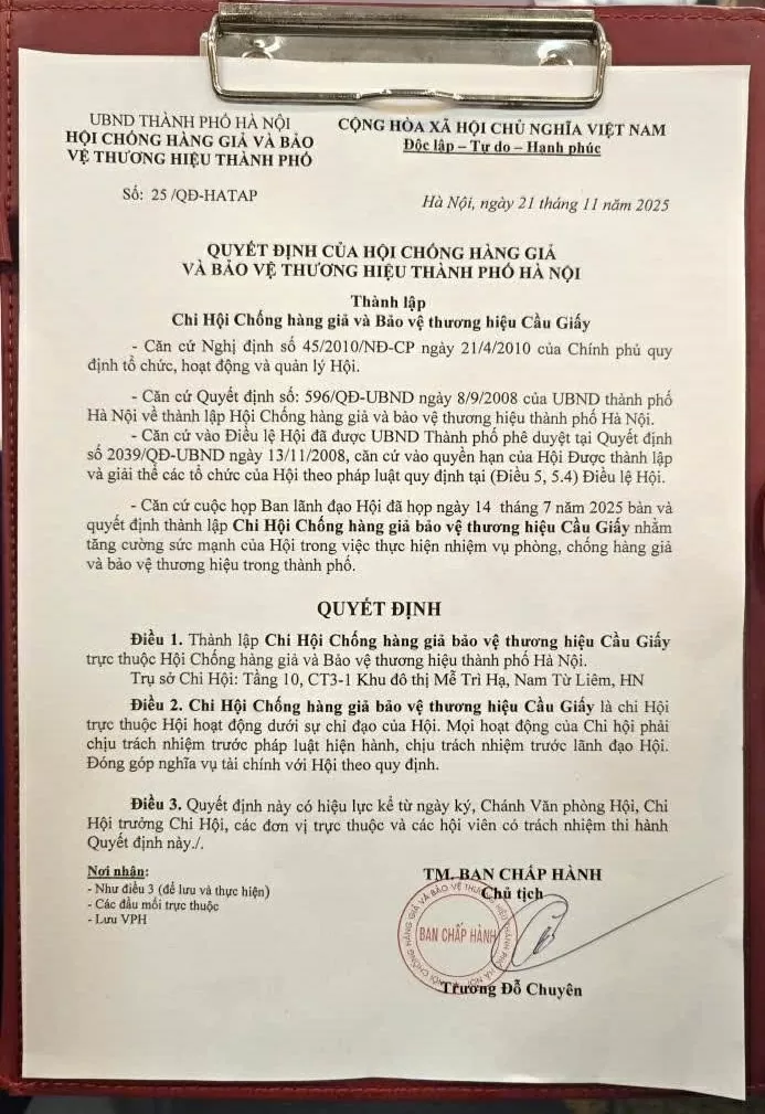 Quyết định thành lập Chi Hội Chống hàng giả và Bảo vệ thương hiệu Cầu Giấy.