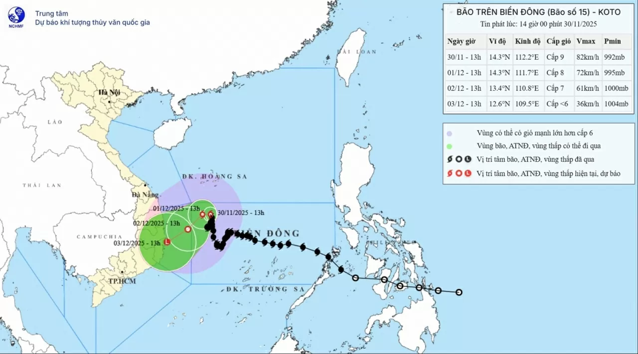 Dự báo, đến khoảng ngày 3/12, bão số 15 suy yếu thành vùng áp thấp trên vùng ven biển từ Gia Lai đến Khánh Hoà Dự báo, đến khoảng ngày 3/12, bão số 15 suy yếu thành vùng áp thấp trên vùng ven biển từ Gia Lai đến Khánh Hoà