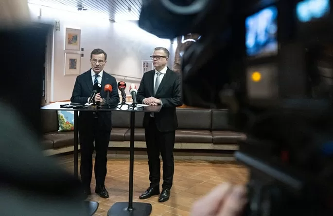 Thủ tướng Petteri Orpo và người đồng cấp Thụy Điển Ulf Kristersson phát biểu tại cuộc họp báo ở Hanasaari ở Espoo vào thứ Ba. Ảnh: Chính phủ Phần Lan.