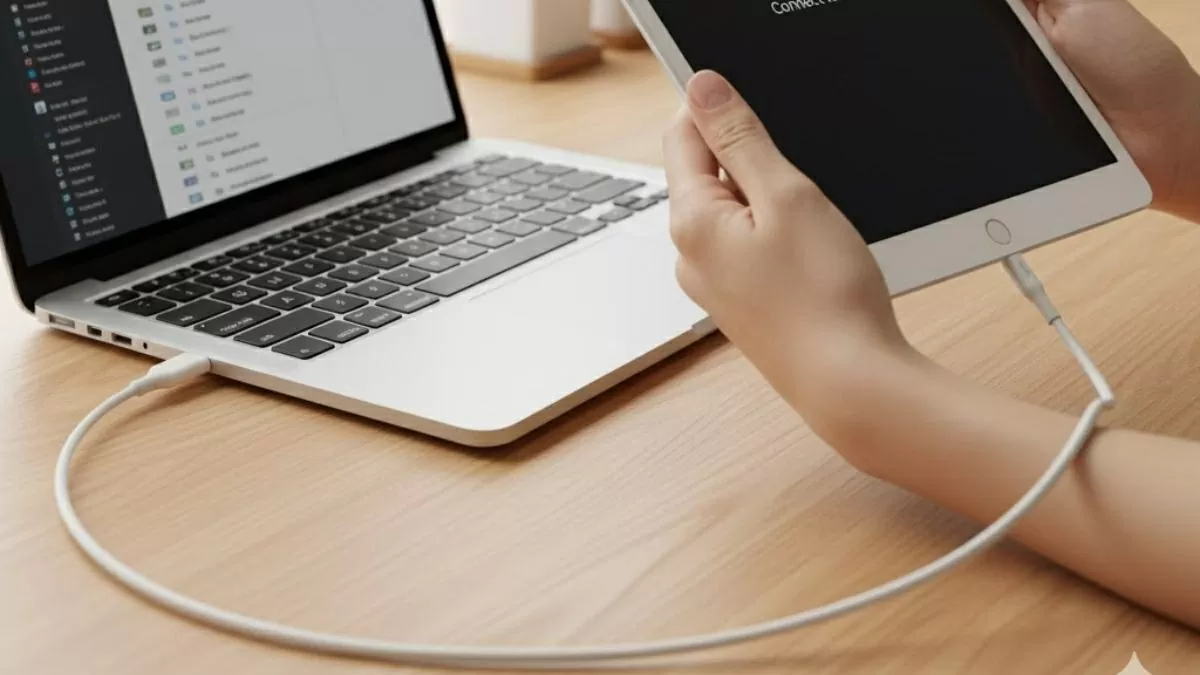 Tắt nguồn và kết nối iPad với máy tính.