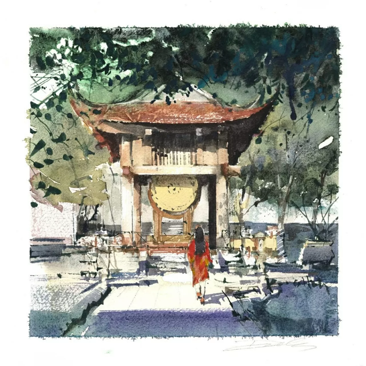 Một bức tranh màu nước về Văn Miếu - Quốc Tử Giám của họa sĩ Minh Đàm. (Ảnh NVCC)