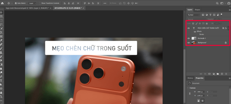 Đảm bảo layer chữ nằm trên layer shape để hiệu ứng trong suốt hiển thị đúng và rõ ràng..