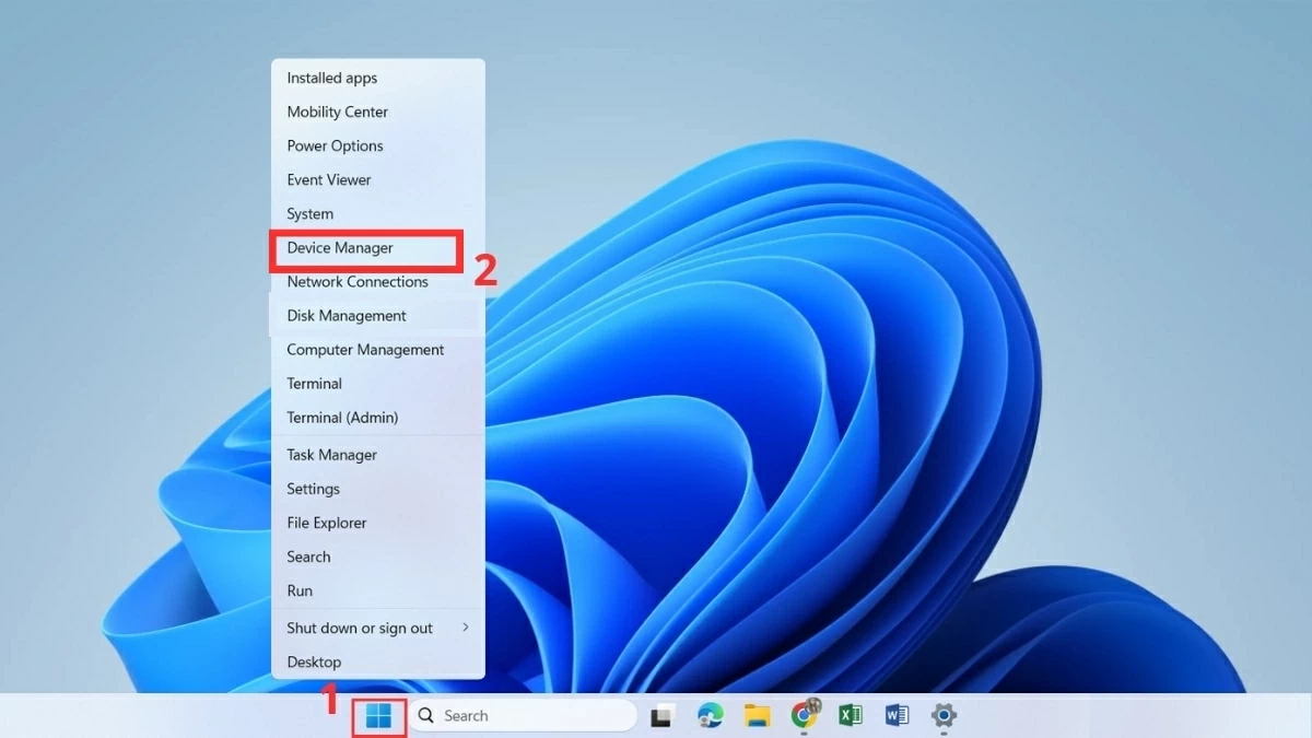 hấp chuột phải vào nút Start → chọn Device Manager..