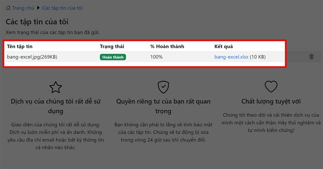 Sau khi quá trình chuyển đổi hoàn tất, nhấn vào tên file để tải file Excel về máy. Sau khi quá trình chuyển đổi hoàn tất, nhấn vào tên file để tải file Excel về máy.