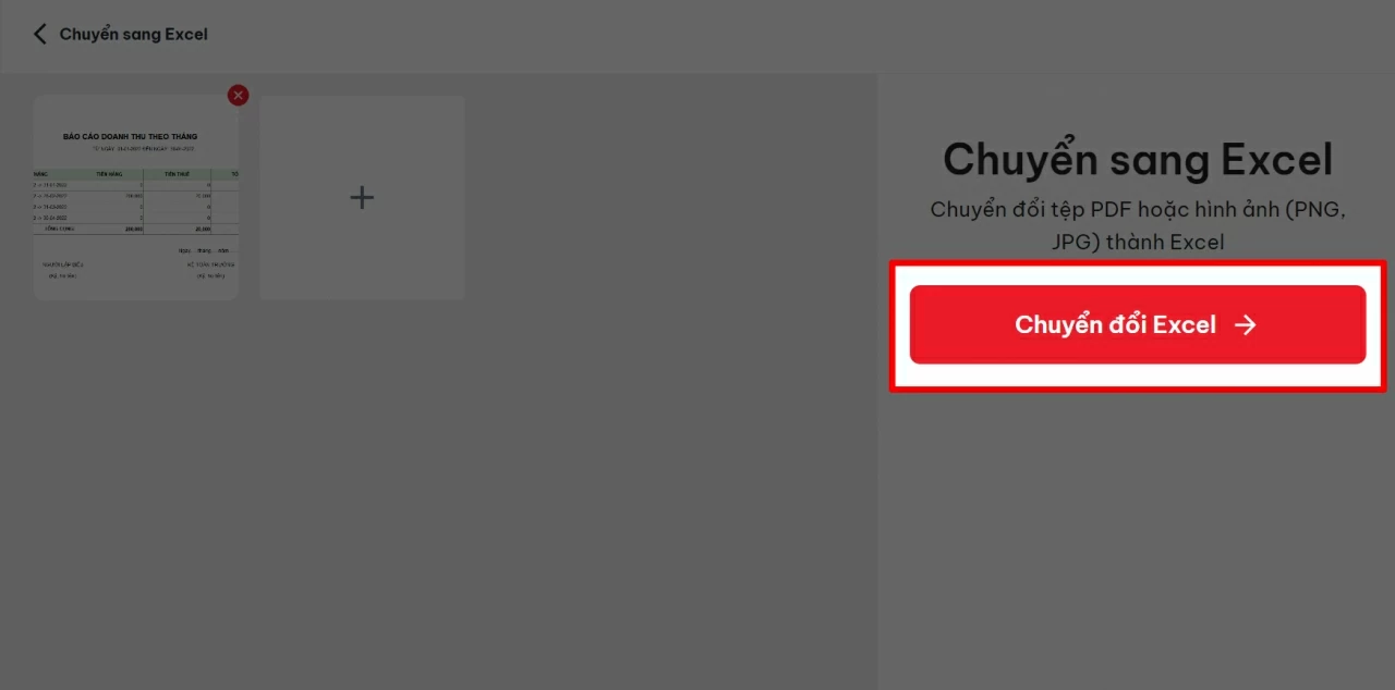 Nhấn lại Chuyển sang Excel để hệ thống xử lý. Nhấn lại Chuyển sang Excel để hệ thống xử lý.