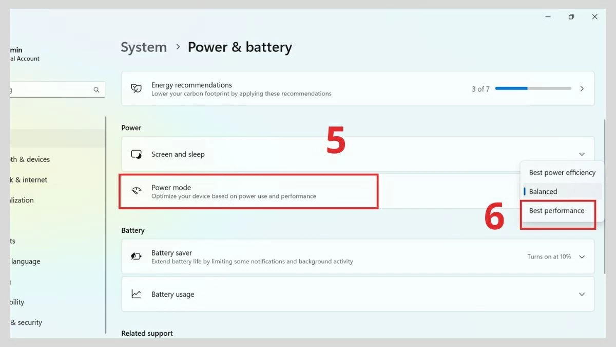 Trong Power Mode, chọn Best Performance để tối ưu hiệu suất.
