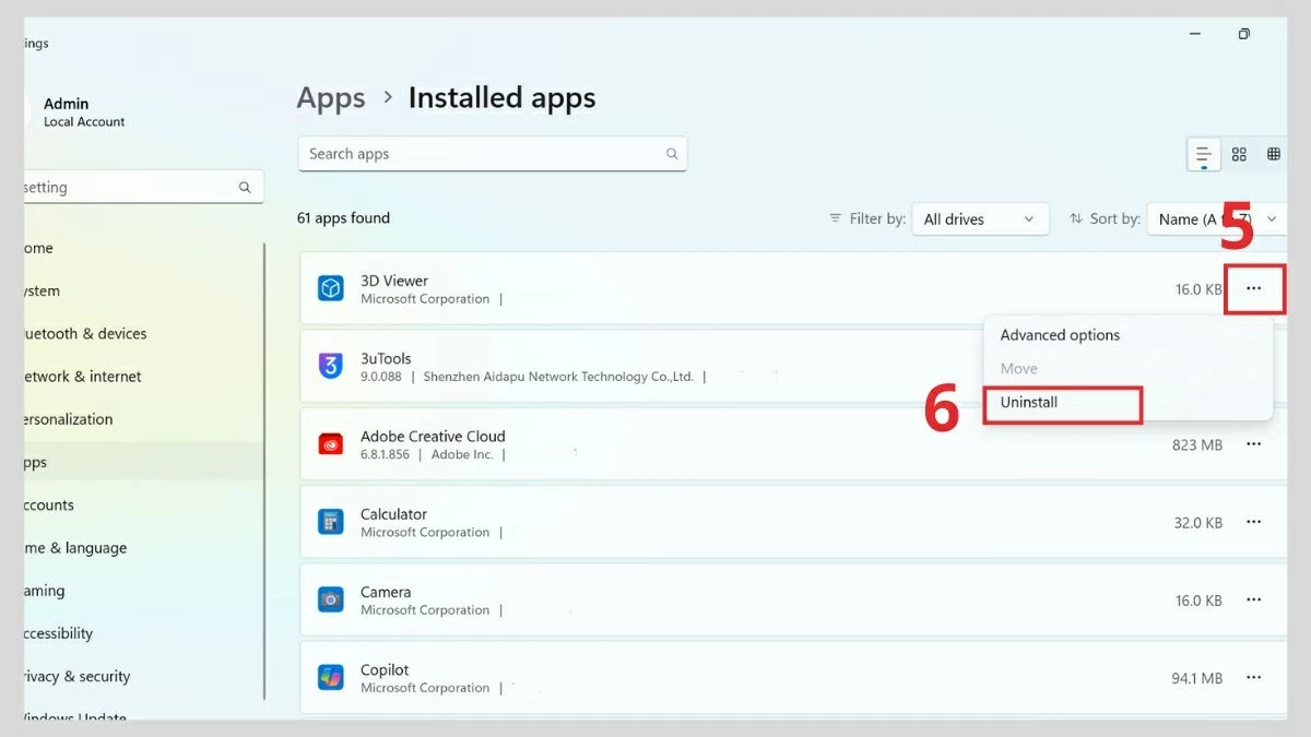 Tại ứng dụng muốn gỡ, nhấn vào dấu “...” và chọn Uninstall.