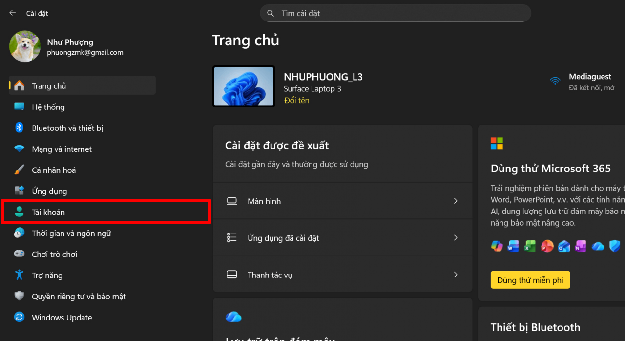 Trong giao diện Cài đặt, hãy tìm và nhấn vào mục Tài khoản (Accounts).