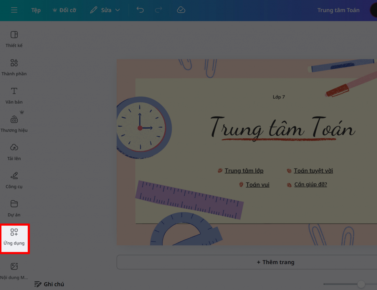 Trong giao diện chỉnh sửa, chọn mục Ứng dụng. Trong giao diện chỉnh sửa, chọn mục Ứng dụng.