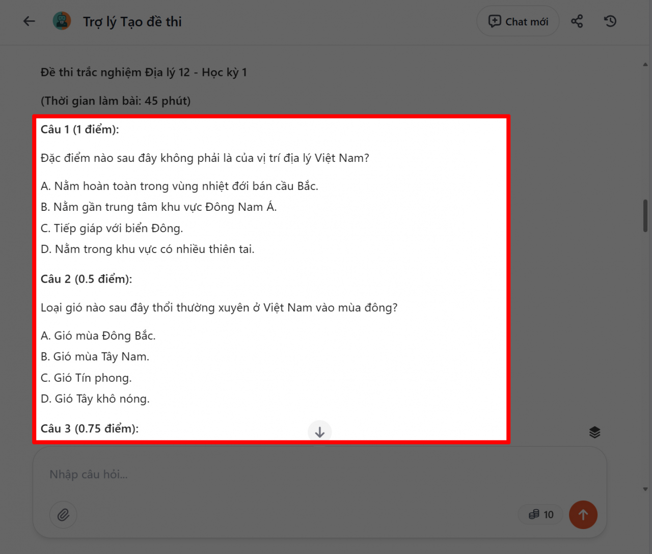 Ngay sau đó, ChatBotX sẽ tự động tạo ra một bộ đề thi hoàn chỉnh. Ngay sau đó, ChatBotX sẽ tự động tạo ra một bộ đề thi hoàn chỉnh.