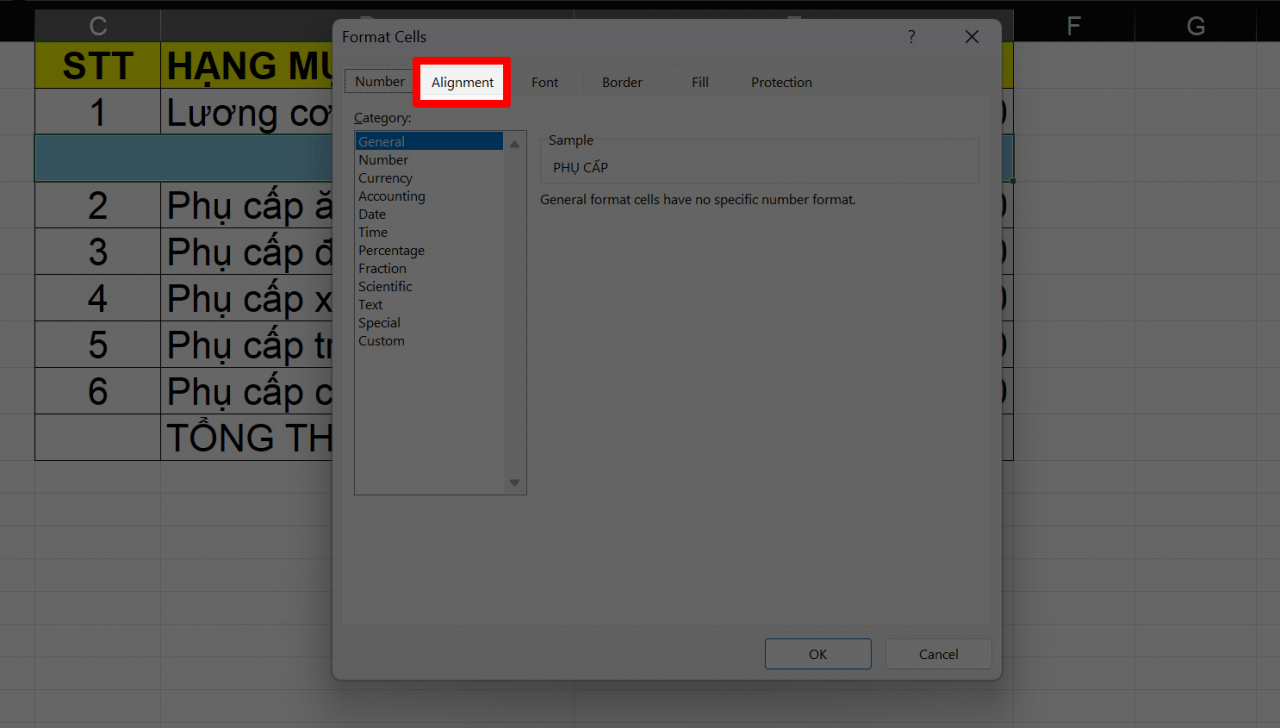 Trong cửa sổ Format Cells, chuyển sang tab Alignment để kiểm tra các tùy chọn căn chỉnh. Trong cửa sổ Format Cells, chuyển sang tab Alignment để kiểm tra các tùy chọn căn chỉnh.