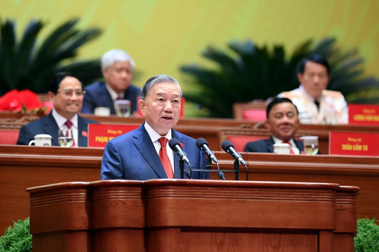 Đồng chí Tô Lâm, Tổng Bí thư Ban Chấp hành Đảng Cộng sản Việt Nam khóa XIV đọc Diễn văn bế mạc Đại hội đại biểu toàn quốc lần thứ XIV của Đảng.