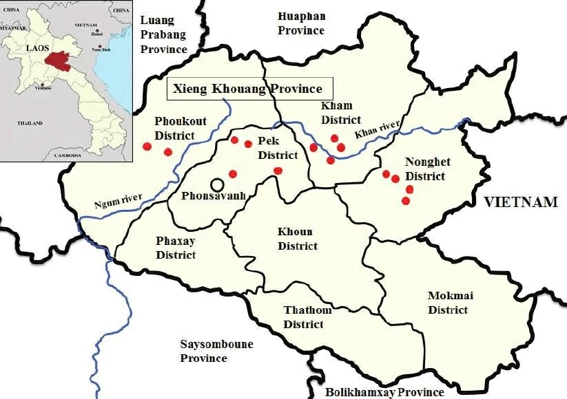 Bản đồ hành chính tỉnh Xieng Khouang, nơi Sao Mai group thực hiện khảo sát siêu dự án điện gió quy mô gần 18.000 ha tại huyện Nong Het, khu vực giáp ranh biên giới Việt - Lào.